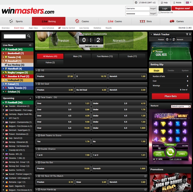 Winmasters Live Betting Screen