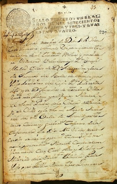 Testamento año 1725, del Capitán Don Joseph Madrid de Escobar Villarroel, octavo abuelo