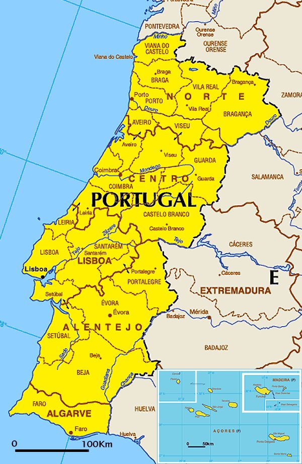 Politische Landkarte von Portugal (in Landessprache) | Weltatlas