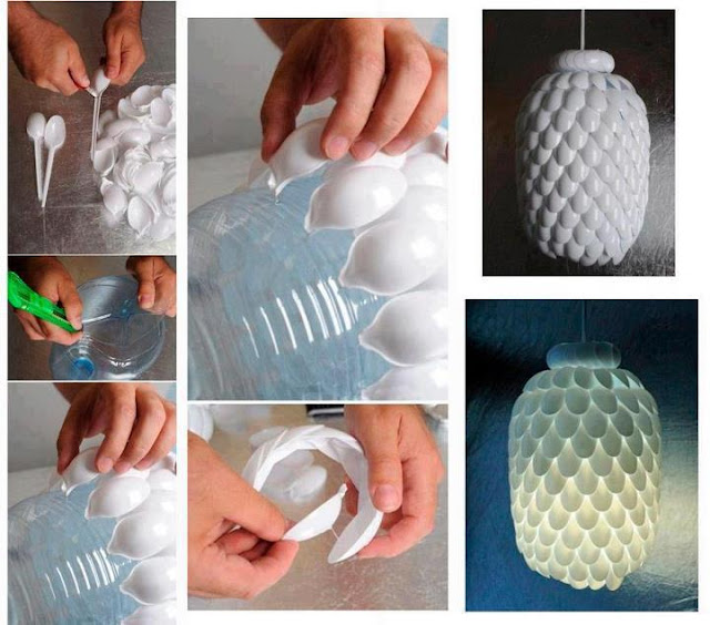 Lámpara reciclada con bidón de agua y cucharas de plástico