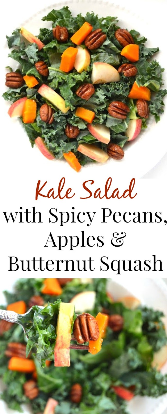 Kale Salad with Spicy Pecans, Apples and Butternut Squash is the perfect fall salad that is topped with an apple cider vinaigrette!  www.nutritionistreviews.com