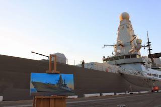 plein air oil painting of HMS Daring at Barangaroo wharf during International Fleet Review by artist Jane Bennett