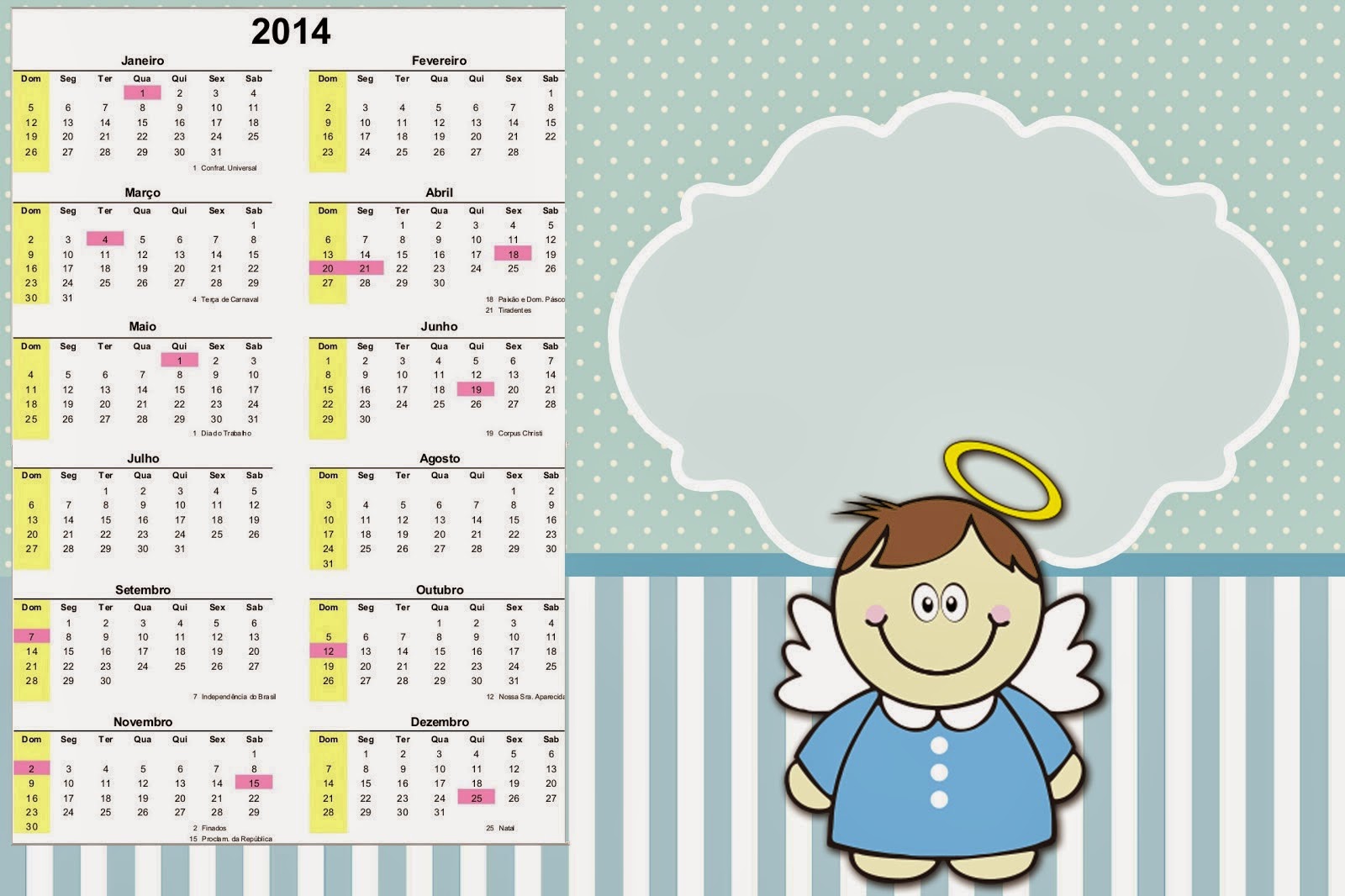 Bautismo Angelito Moreno: Imprimibles y Tarjetería para Imprimir Gratis. Calendario 2014.