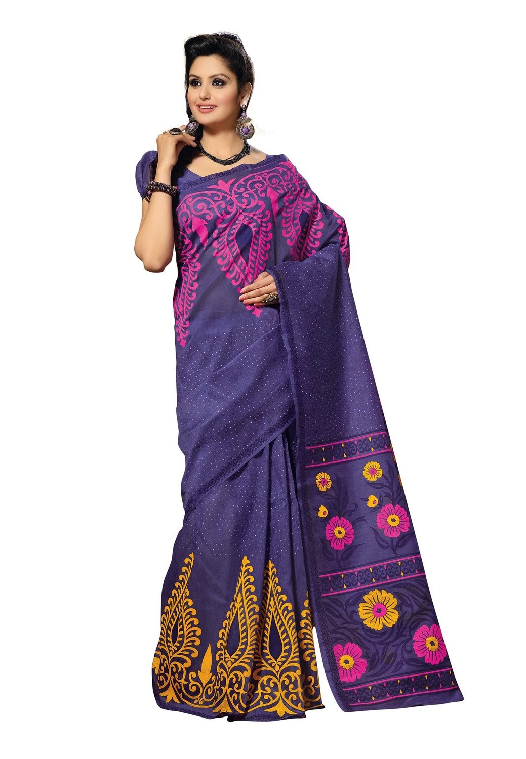  Purple with Golden printed Bhagalpuri Silk Saree