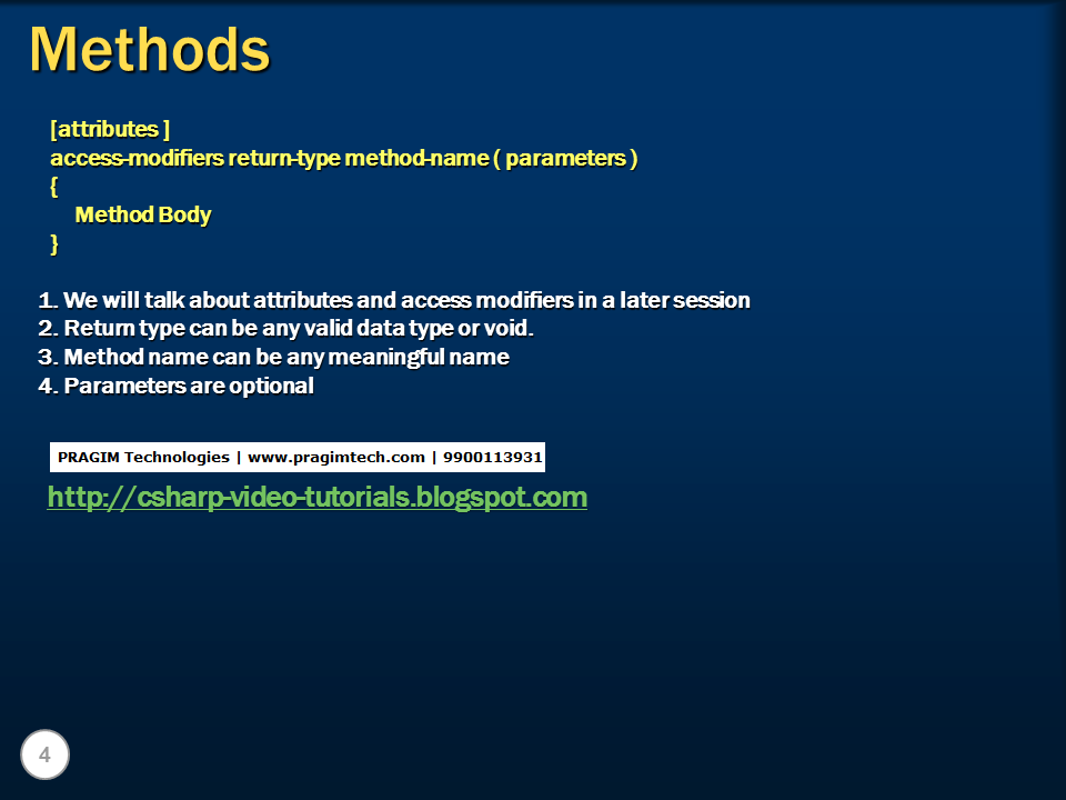 Sql server, .net and c# video tutorial: Part 16 – Methods in C#