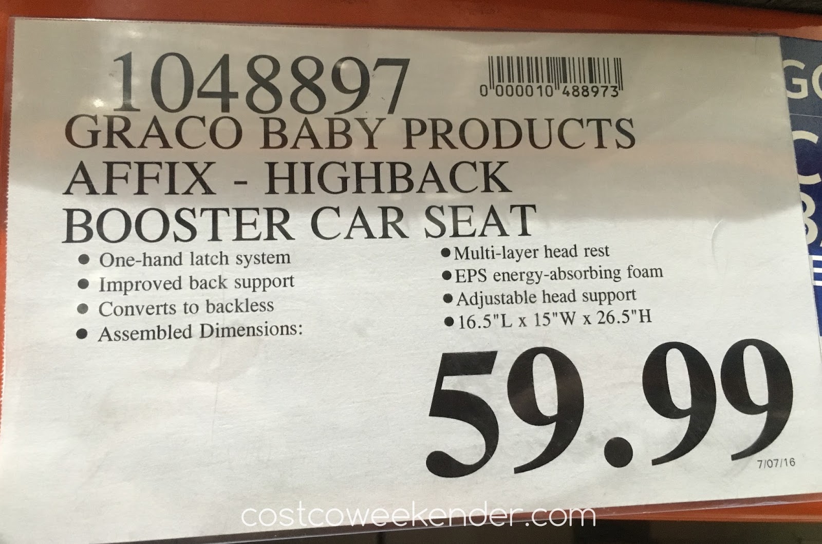 Graco Affix Highback Booster Car Seat with Latch System Costco Weekender
