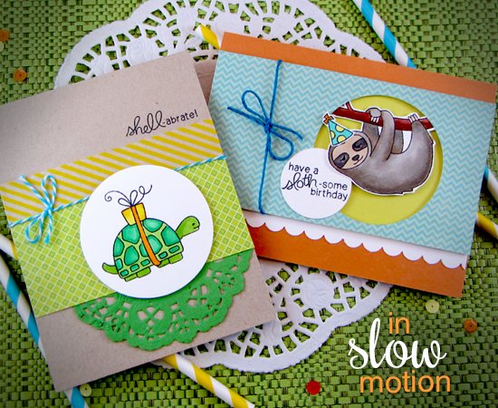 Slow Turtle and Sloth Birthday Cards by Jennifer Jackson | In Slow Motion Stamp set by Newton's Nook Designs