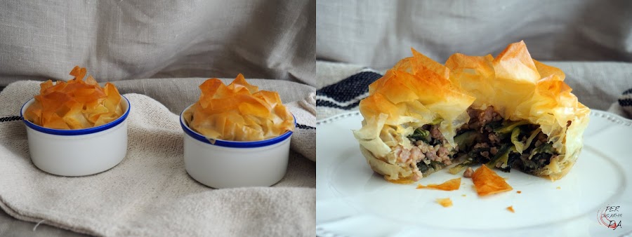 Pastel de verduras de hoja verde, acelgas y pad choi, carne de cerdo y pasta filo