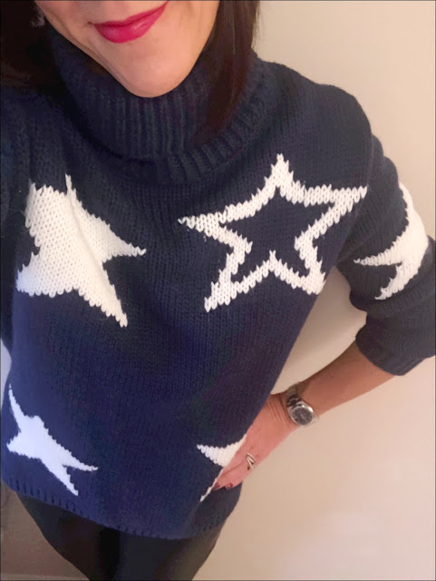 My Midlife Fashion, Marks and spencer star print polo neck jumper, french connection faux leather trousers, boden boho ankle boots