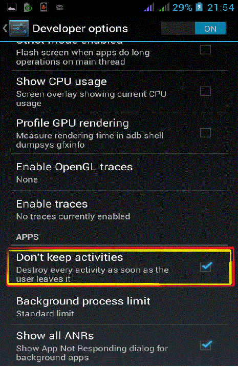 Android developer options automatic kill app technique