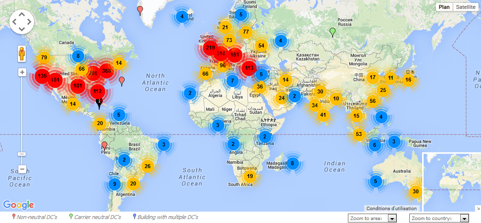 Carte interactive des data centers  de colocation dans le monde