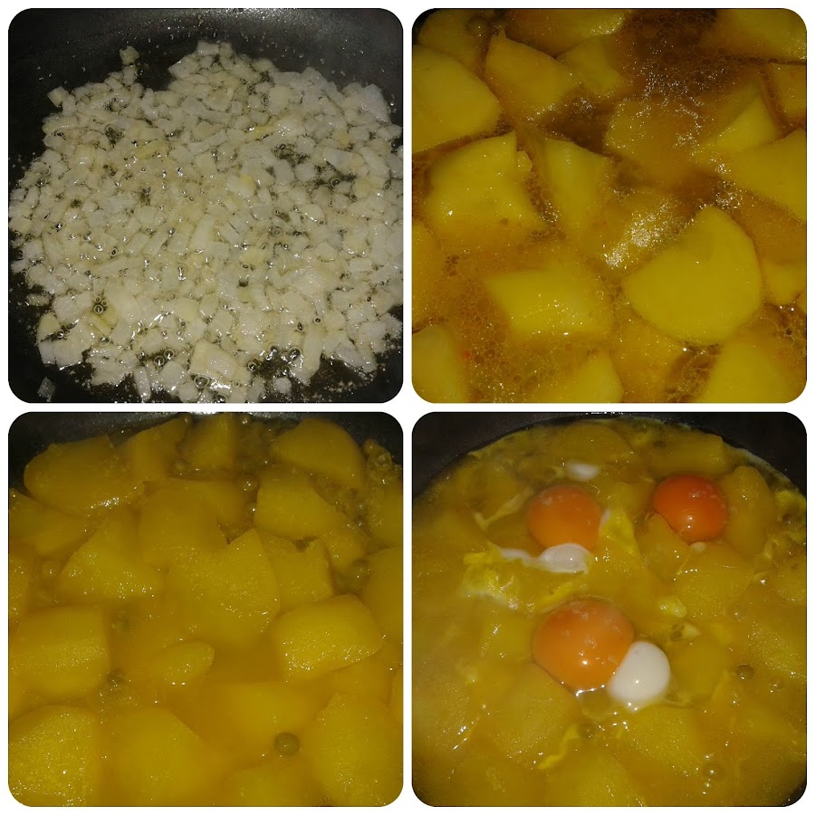 huevos escalfados con patatas y guisantes