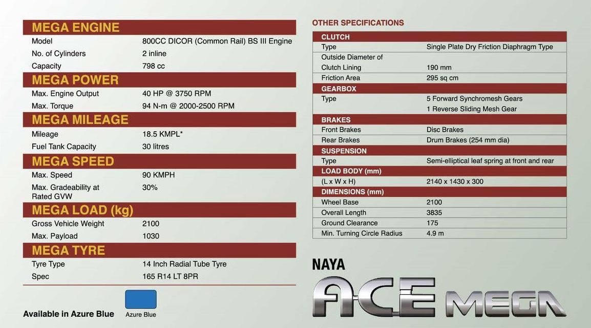 Tata Ace Mega specifications Automobile