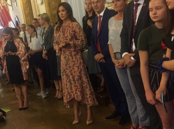 Crown Princess Mary wore a H&M silk dress and a Gianvito Rossi python pointed toe pumps