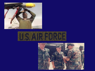 Joseph father getting pinned in his Air Force uniform and his father working on a aircraft