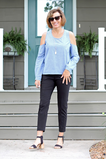 McCall's 7510 long sleeve cold shoulder top made from Mood Fabrics' Chambray