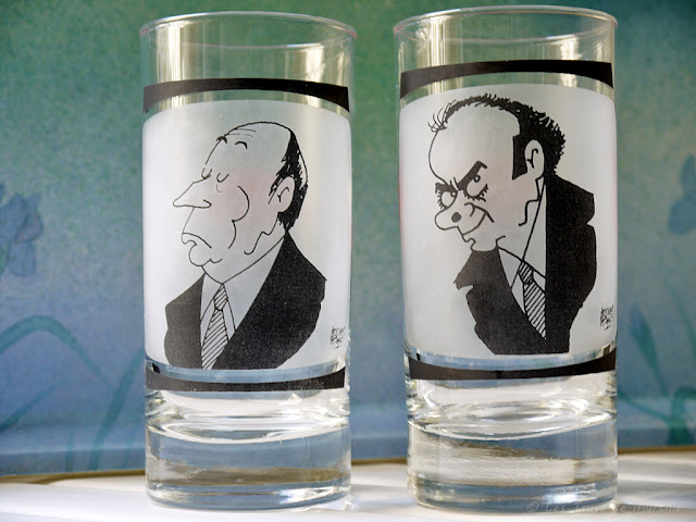 Caricatures de François Mitterrand et Georges Marchais par Jacques Faizant (verres)