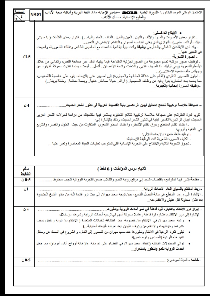 الامتحان الوطني الموحد للباكالوريا / اللغة العربية، مسلك الآداب، الدورة العادية 2013