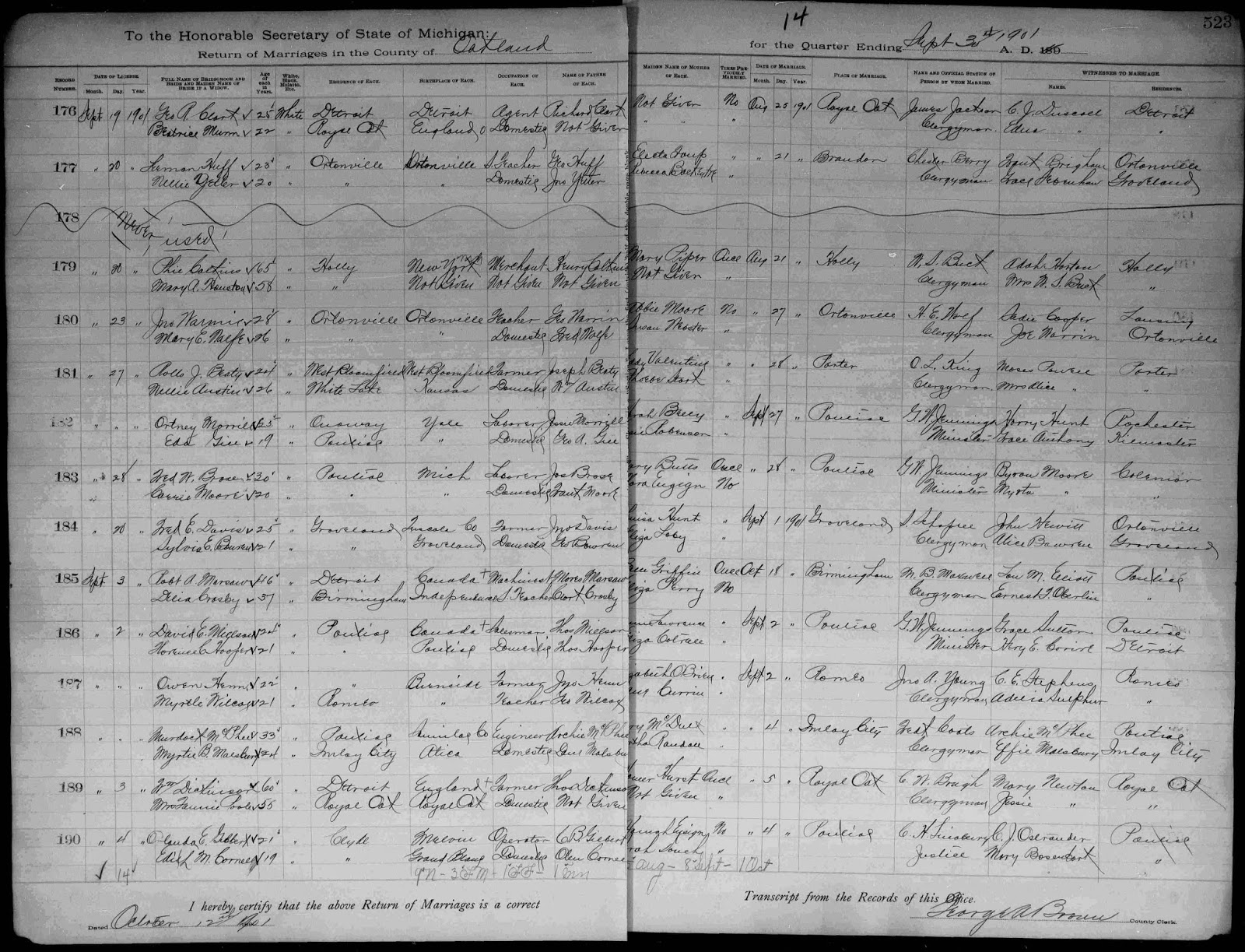 Climbing My Family Tree: Myrtie Wilcox and Owen J Henn Marriage record, 2 September 1901
