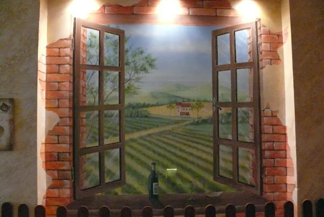 Malowanie okna na ścianie w pizzerii, malowidło 3D Warszawa