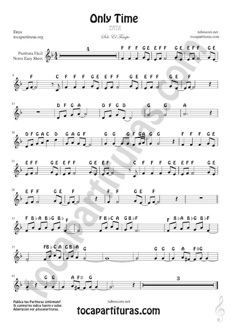 tubescore  Only Time Easy Notes Sheet Music by Enya Ballad Music Score for beginners (English notes)