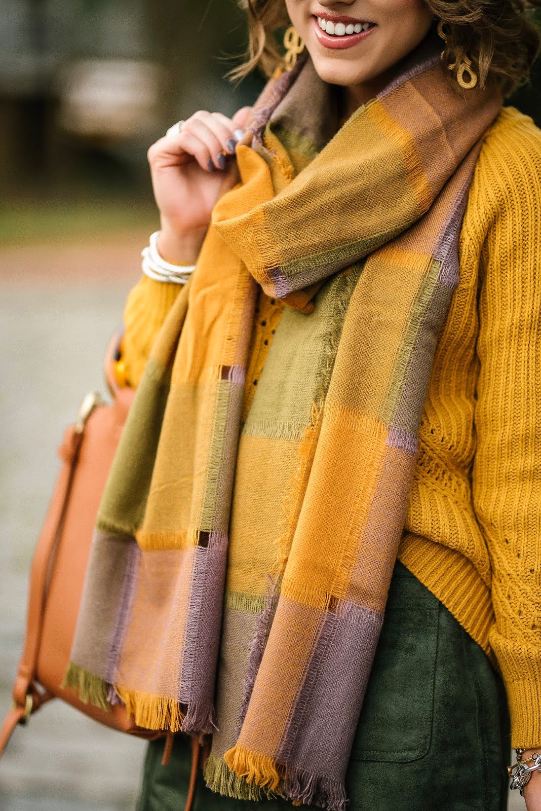 Mustard Yellow & Olive Green for Fall (Skirt, Sweater, Scarf and Bag each under $100) - Something Delightful Blog