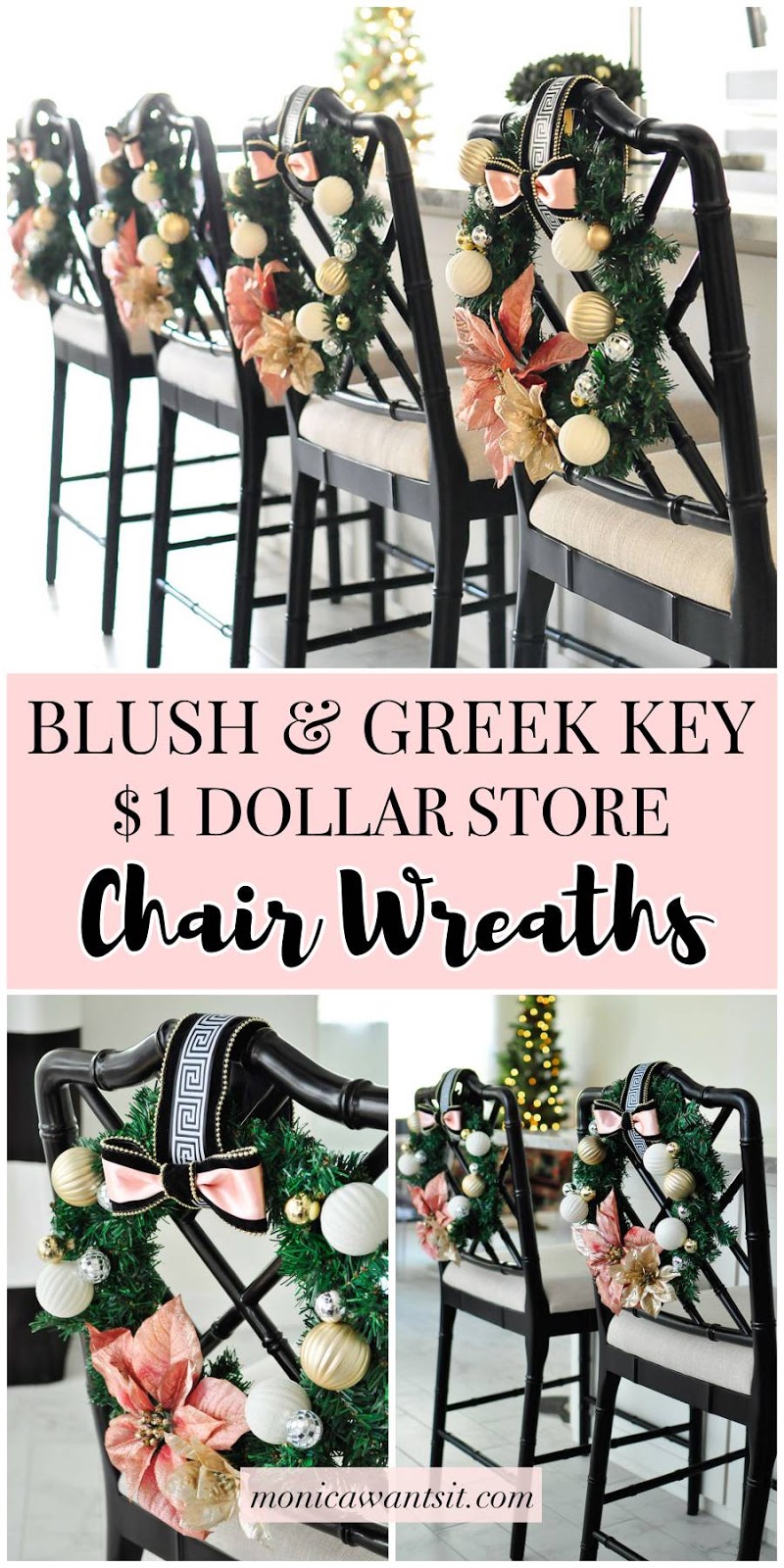 A craft tutorial for a gorgeous and glam blush, white, and gold chair wreath perfect for holiday and Christmas decor in a kitchen or dining room. Love the Greek Key accents! 