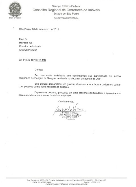 CARTA DE RECONHECIMENTO ENCAMINHADA PELO PRESIDENTE DO CRECI/SP PARA MARCELO GIL / 2011