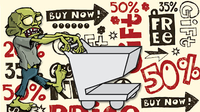 green cartoon zombie pushing shopping cart