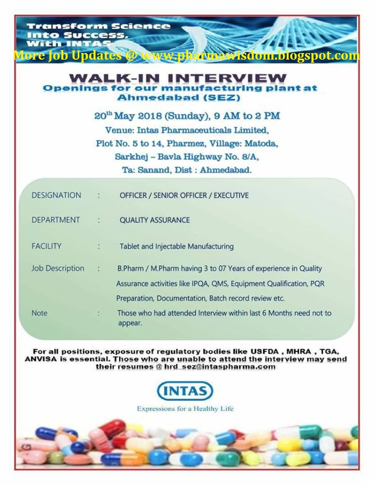 Intas Pharmaceuticals Ltd WalkIn Interviews for Quality