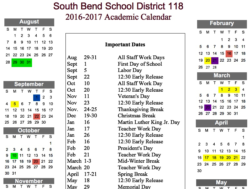 South Bend Public Schools 201617 Academic Calendar Adopted