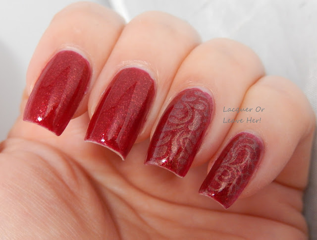 DazzleGlaze Lacquer's Persephone's Pomegranate + UberChic Beauty 5-02 stamped with Sally Hansen Copperhead