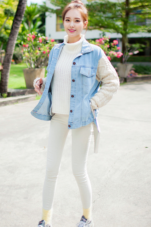 [Chuu] Knit Sleeve Jean Jacket KSTYLICK Latest Korean Fashion K