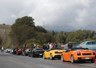 Valentino Balboni, eight Lamborghinis, and drivers