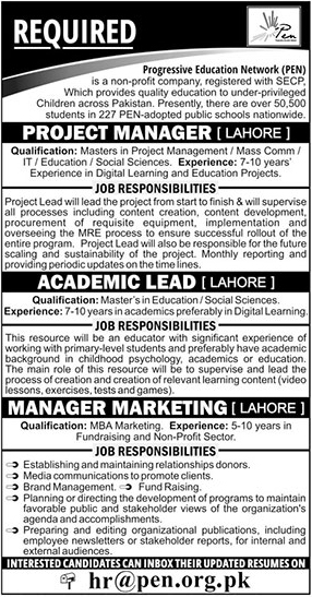 Progressive Education Network PEN Announced Jobs in Lahore