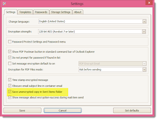 Image shows the Settings Tab, where you enable the "Save Unencrypted Copy" of email message feature in PDF Postman.