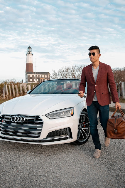 Leo Chan wearing Burgundy Blazer Casual Weekend Look, Audi Car | Asian Male Model and Blogger