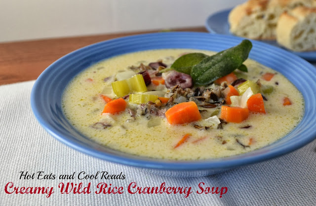 This is a perfect cooler weather soup! The cranberries add a great burst of flavor and Minnesota wild rice is the star! Creamy Wild Rice Cranberry Soup Recipe from Hot Eats and Cool Reads!