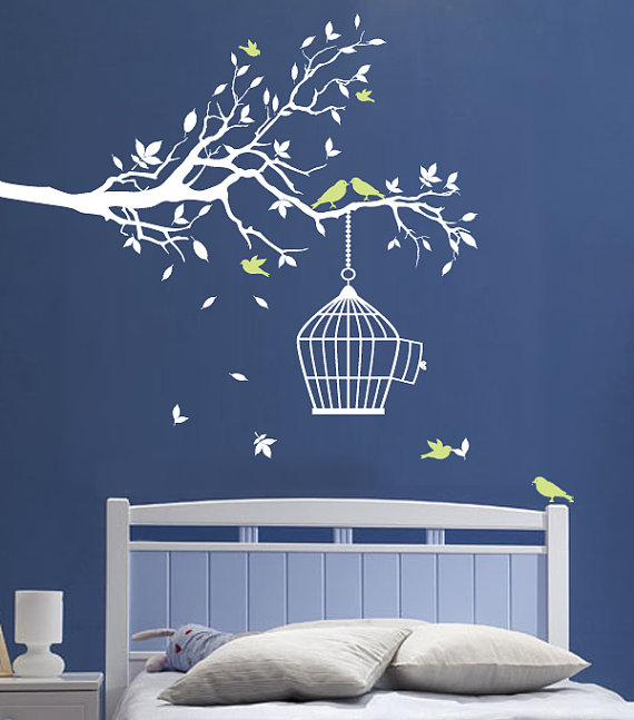 Art Home Decals Vinyl Wall Decals Wall Graphic Elegant White Branch , Burds and Burd cage