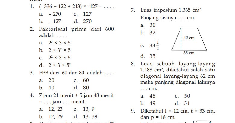 Contoh Soal Matematika Kelas 5 / Soal Matematika SD Kelas Contoh Soal Matematika Kelas 5 / Soal Matematika SD Kelas