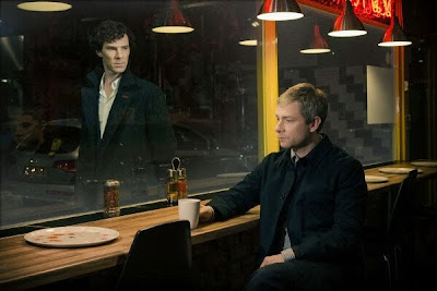 Benedict Cumberbatch and Martin Freeman as Sherlock Holmes and John Watson in BBC Sherlock Season 3 Benedict Cumberbatch and Martin Freeman as Sherlock Holmes and John Watson in BBC Sherlock Season 3