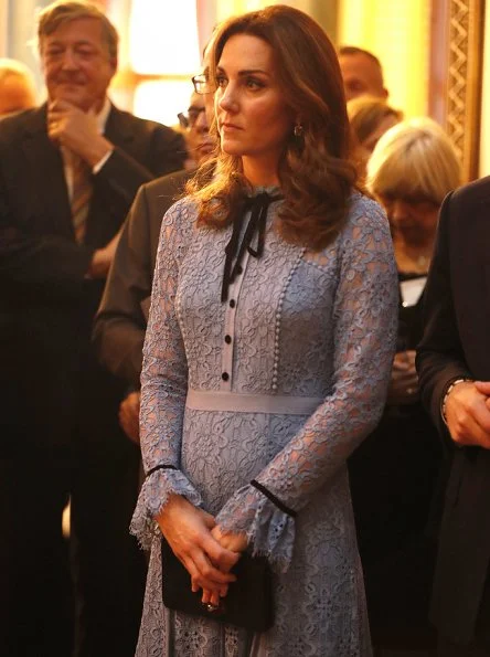 Pregnant Kate Middleton wore Temperley London Eclipse lace collar dress and KIKI McDonough Blue Diamond Drop Earrings