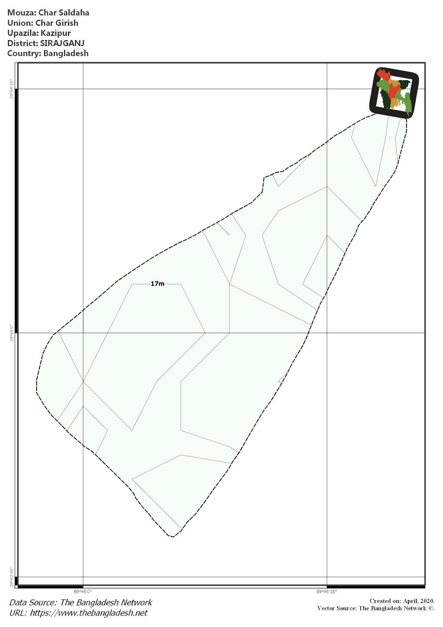 Map of Char Saldaha Mouza of Kazipur Upazila, SIRAJGANJ, Bangladesh.