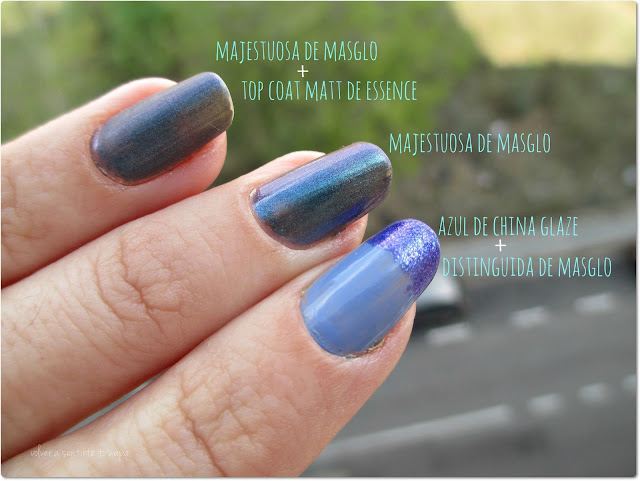 Manicura: azul tornasolado para el otoño - Masglo, China Glaze, Peggy Sage y Essence