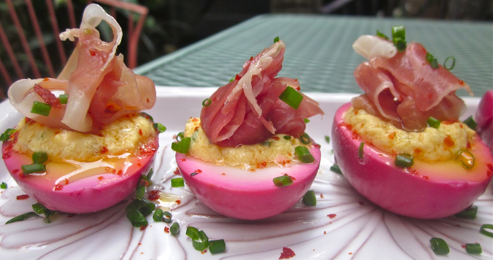 Haute + Heirloom Pickled Deviled Eggs with Country Ham & Sriracha Powder