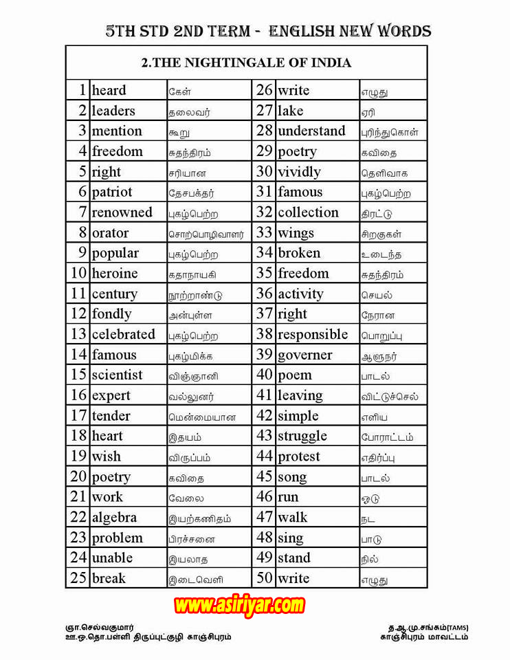 5th STD 2nd TERM NEW WORDS WITH TAMIL MEANINGS FOR PRACTICE