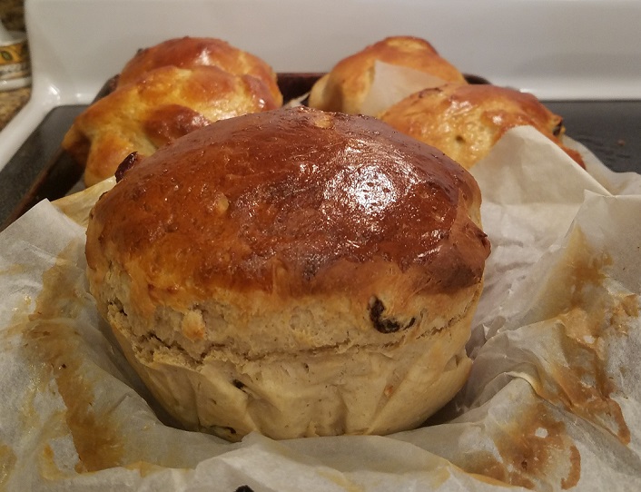 This is an Italian panettone bread made at Christmas with dark and golden raisins with Amaretto flavors
