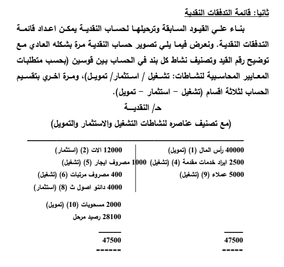 اعداد قائمة التدفقات النقدية بطريقة الحسابات تصنيف عناصر حساب النقدية حسب نشاطات التشغيل والاستثمار والتمويل