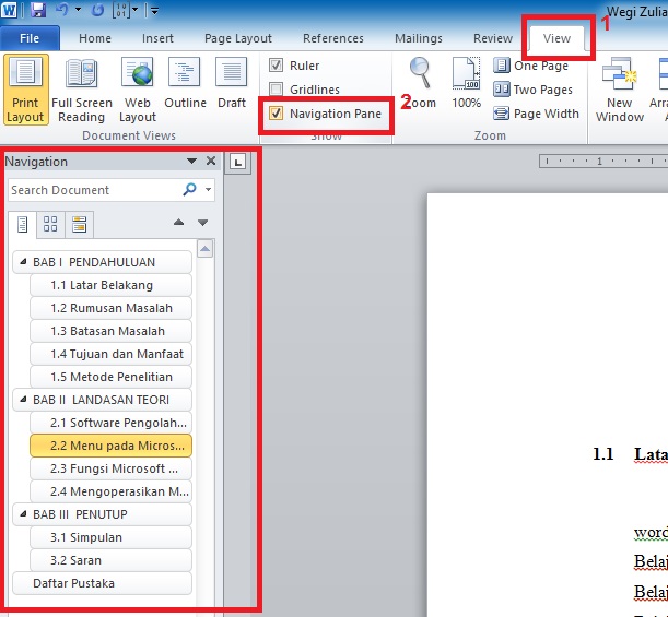 Wegi Zulianda Cara Membuat Daftar Isi Otomatis Dan No Halaman Yang Berbeda Dalam 1 File Ms Word