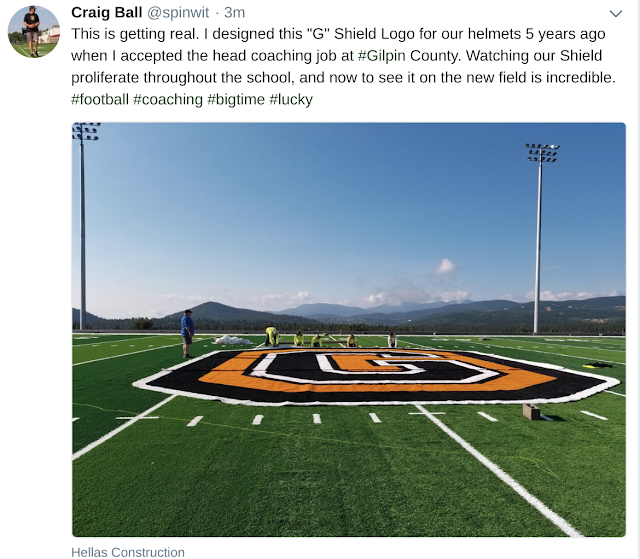 Coach Craig Ball and the Gilpin G Shield Logo This is getting real. I designed this "G" Shield Logo for our helmets 5 years ago when I accepted the head coaching job at #Gilpin County. Watching our Shield proliferate throughout the school, and now to see it on the new field is incredible. #football #coaching #bigtime #lucky